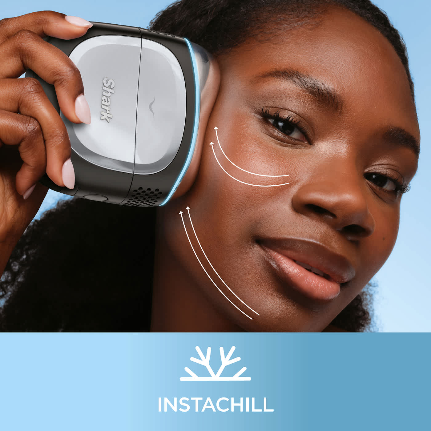 Side-by-side before and after of a woman with frizzy waves styled into smooth, voluminous blowout curls using a heated round brush.