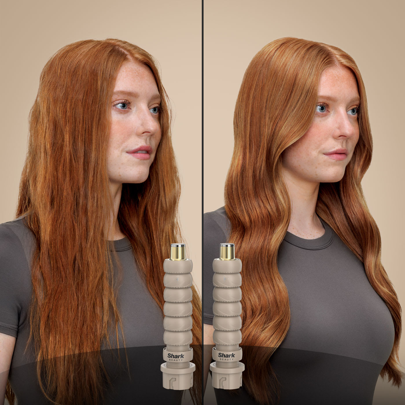 Side-by-side before and after of a woman with straight red hair styled into soft, defined waves using a curling attachment.