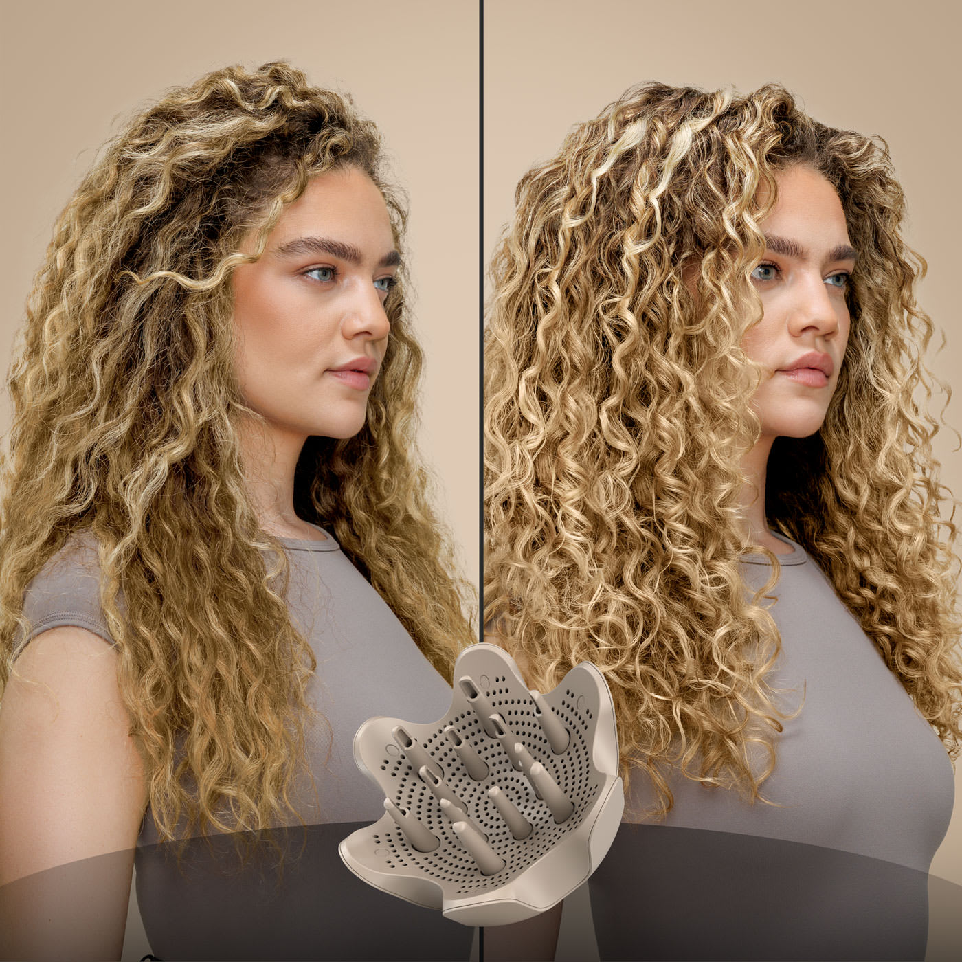 Side-by-side before and after of a woman with wavy blonde hair enhanced into more defined, bouncy curls using a diffuser attachment.