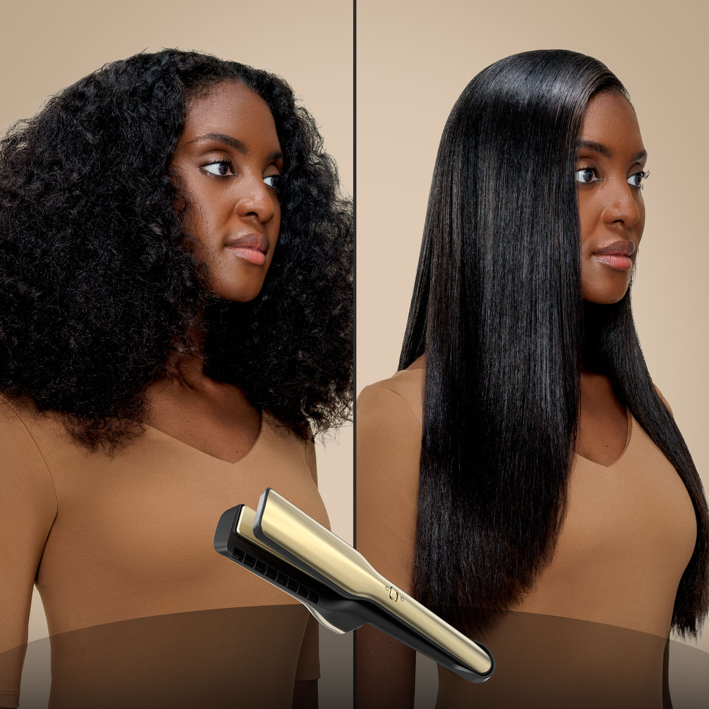 Side-by-side before and after of a woman with curly hair transformed into sleek, smooth straight hair using a gold flat iron.