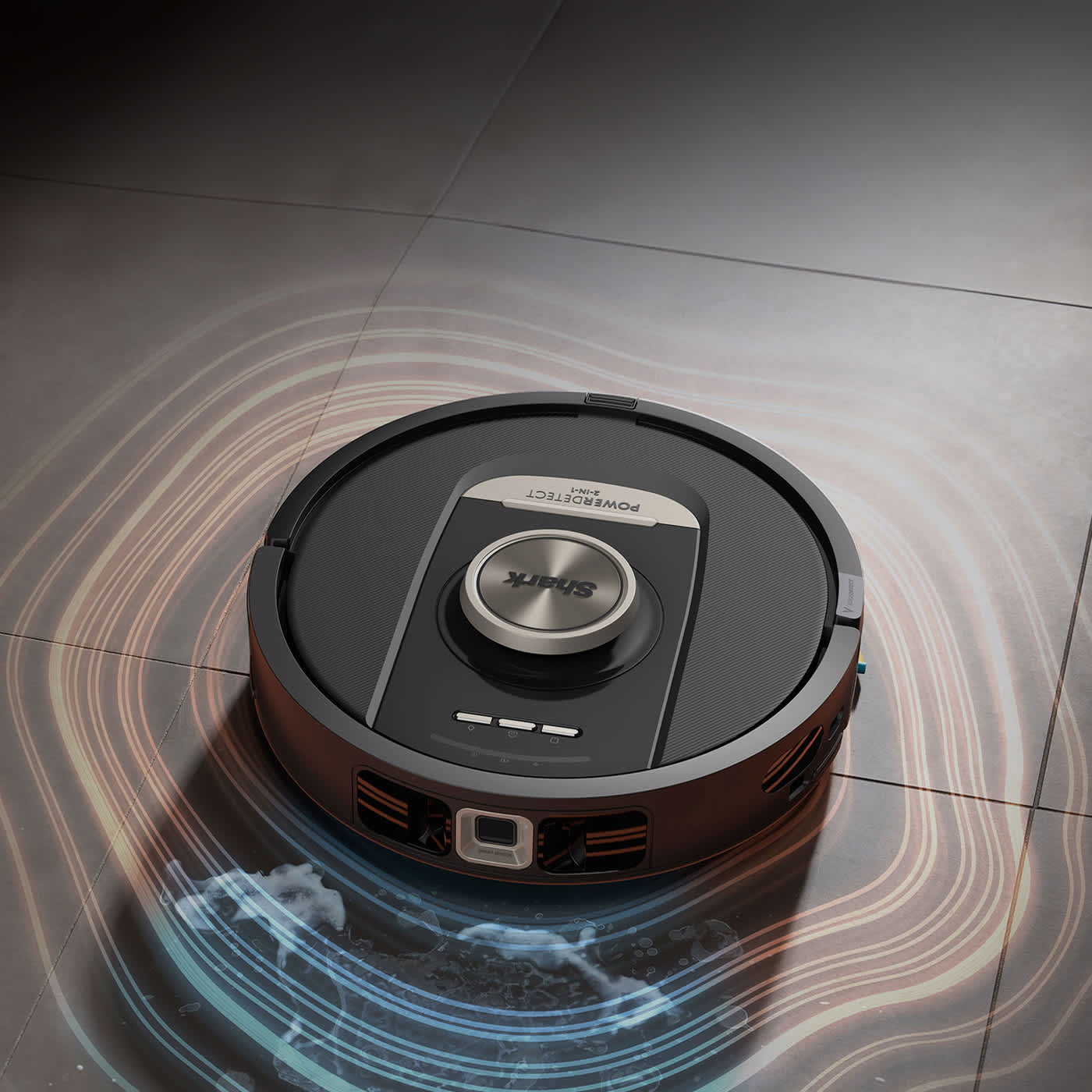 Shark robot simultaneously mopping and vacuuming a tiled floor.