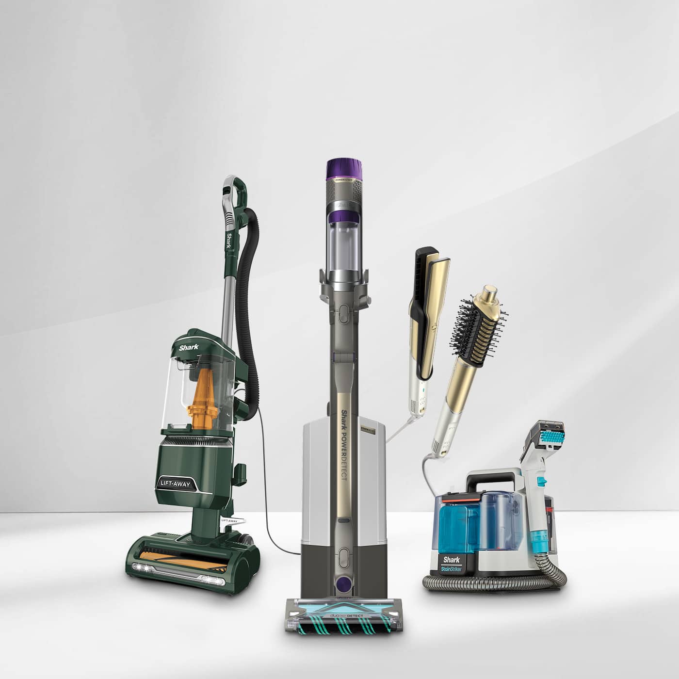 A selection of Shark home appliances, including vacuum cleaners, a steam mop, a hair dryer, and an air purifier, displayed on a light grey gradient background