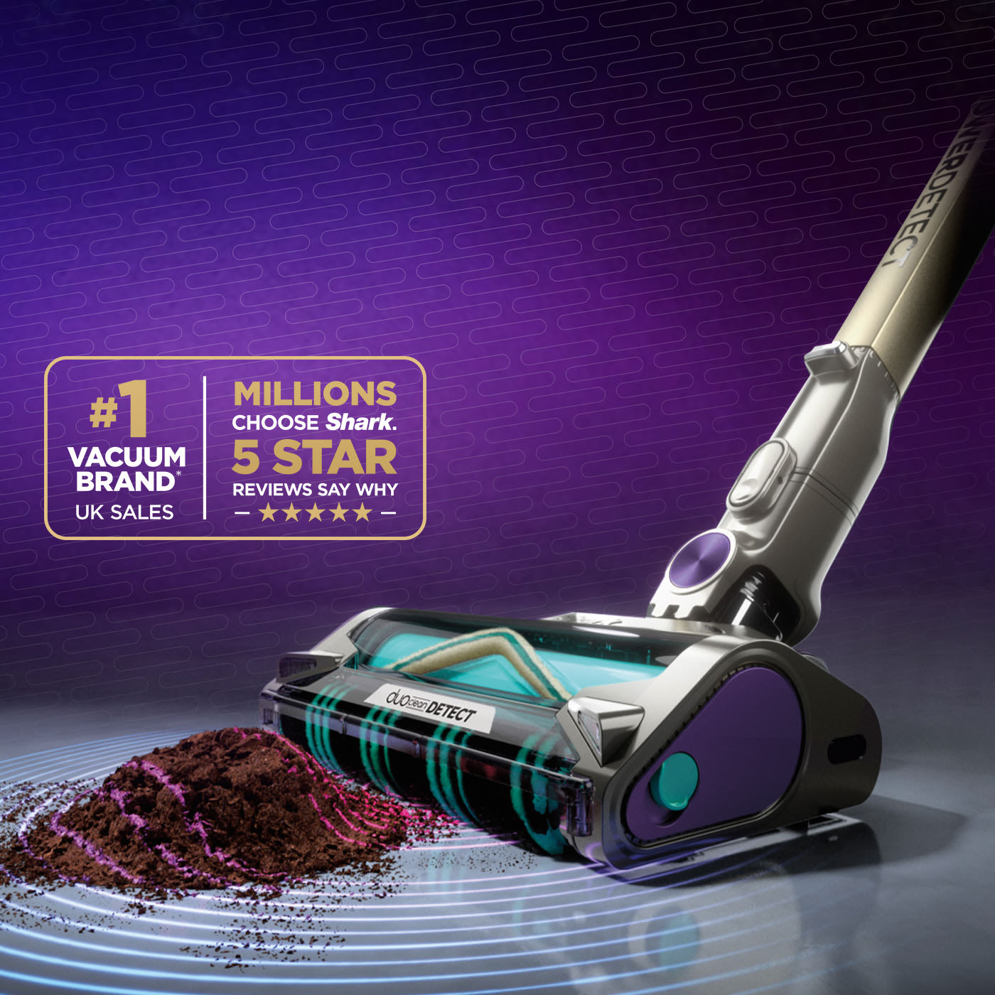 Shark PowerDetect Cordless Vacuum Cleaner auto-emptying dust and debris, with a close-up of its DuoClean Detect floorhead.