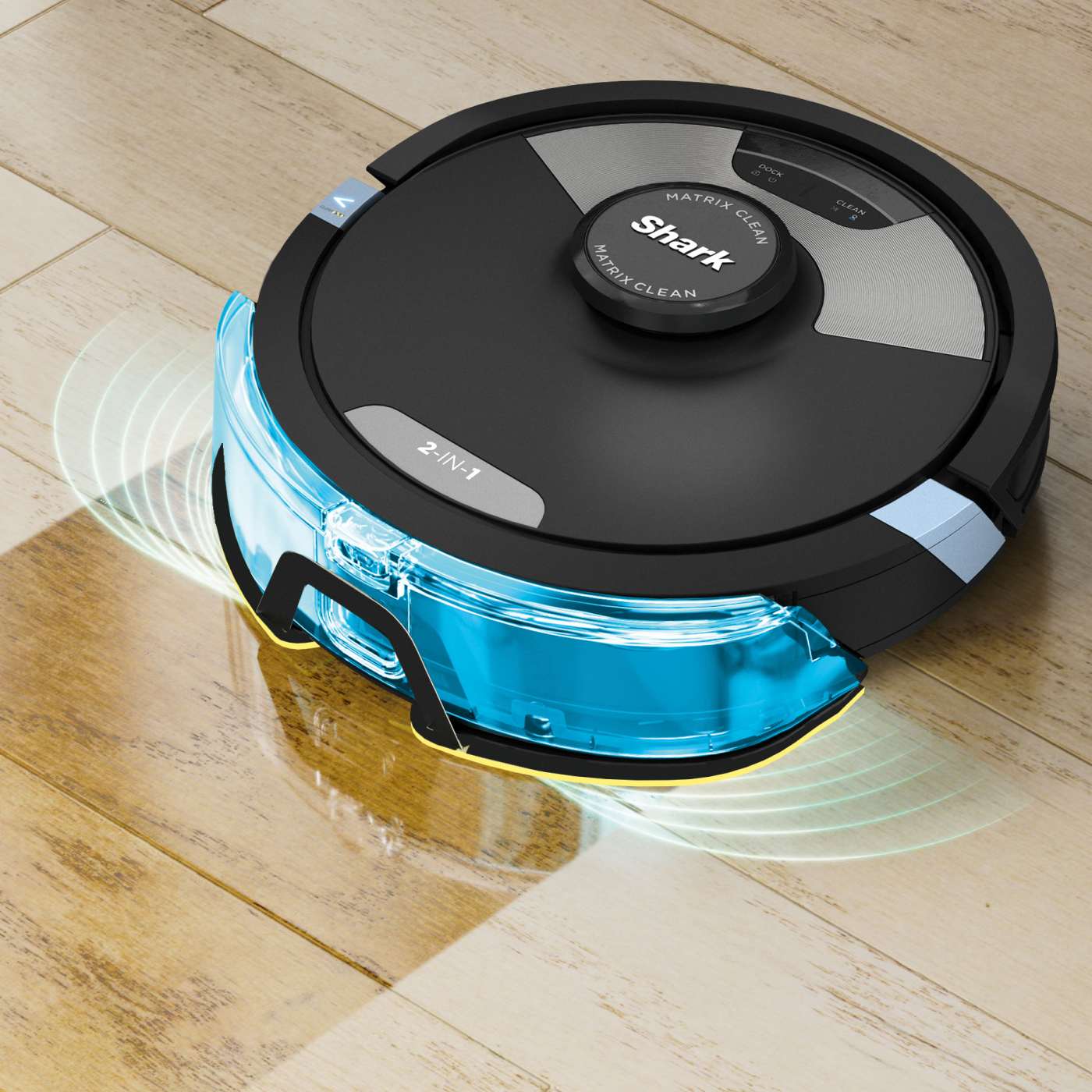 A Shark 2 in 1 robot vacuum cleaner cleaning hard floor