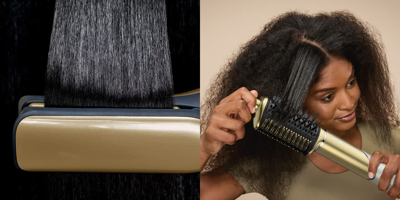Split image showing a Shark gold flat iron straightening a section of hair on the left, and a woman using a gold hot air brush to style her natural hair on the right.